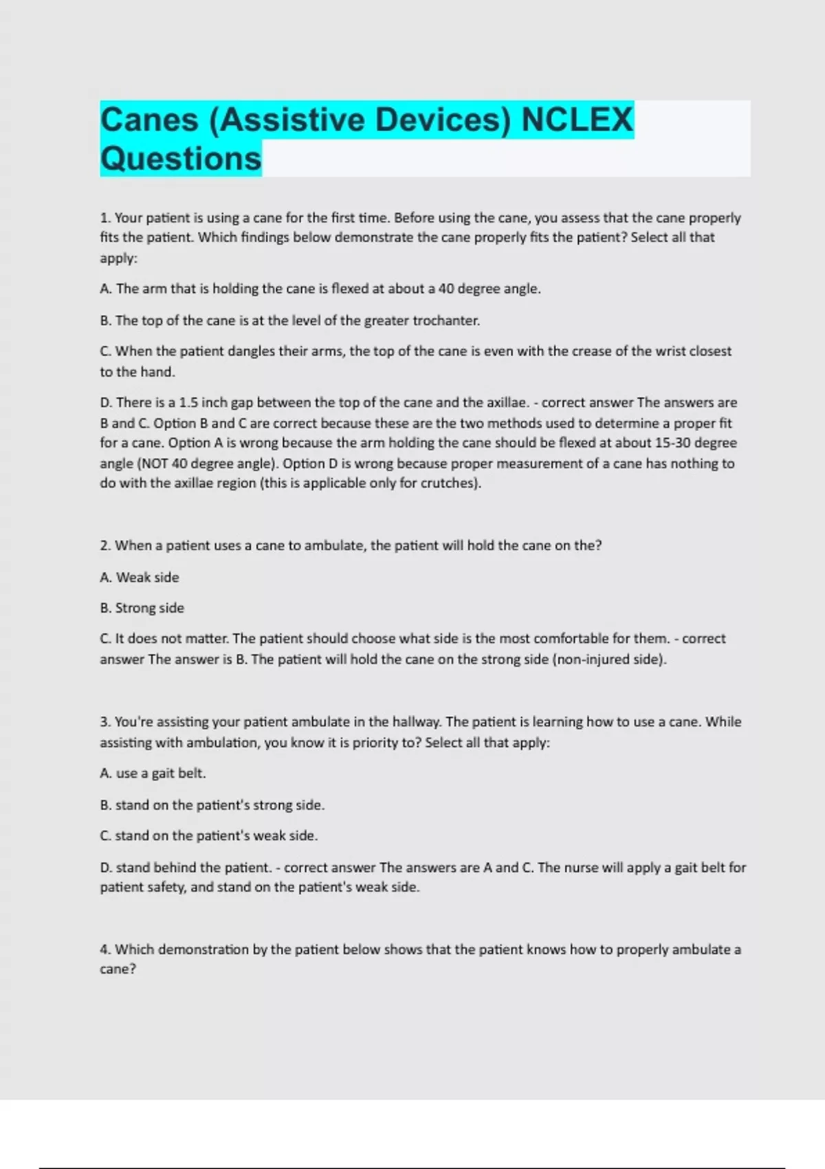 Canes (Assistive Devices) NCLEX Questions exam question and answer