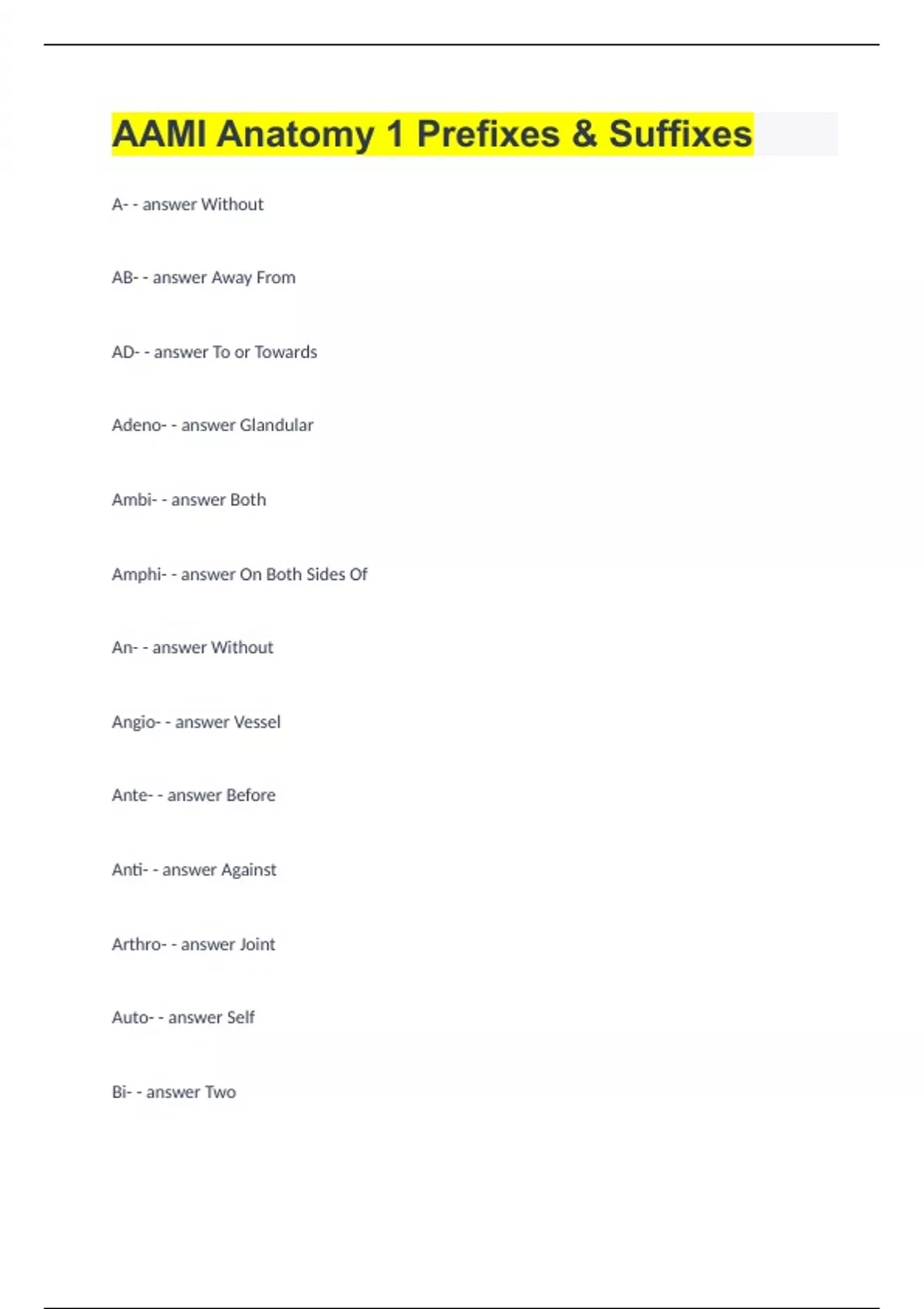 AAMI Anatomy 1 Prefixes & Suffixes - AAMI ANATOMY - Stuvia US