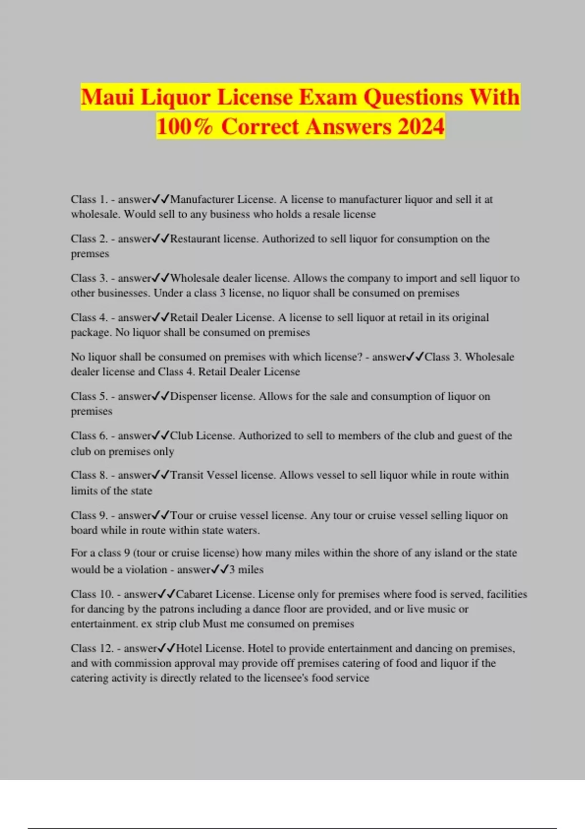Maui Liquor License Exam Questions With 100 Correct Answers 2024