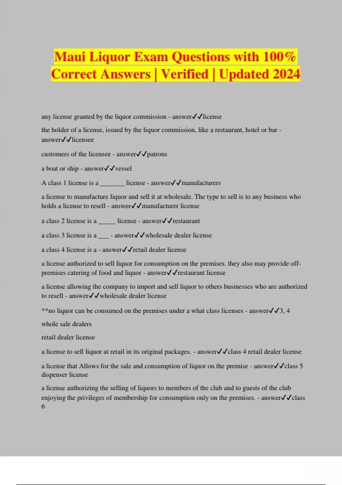 Maui Liquor Exam Questions with 100 Correct Answers Verified