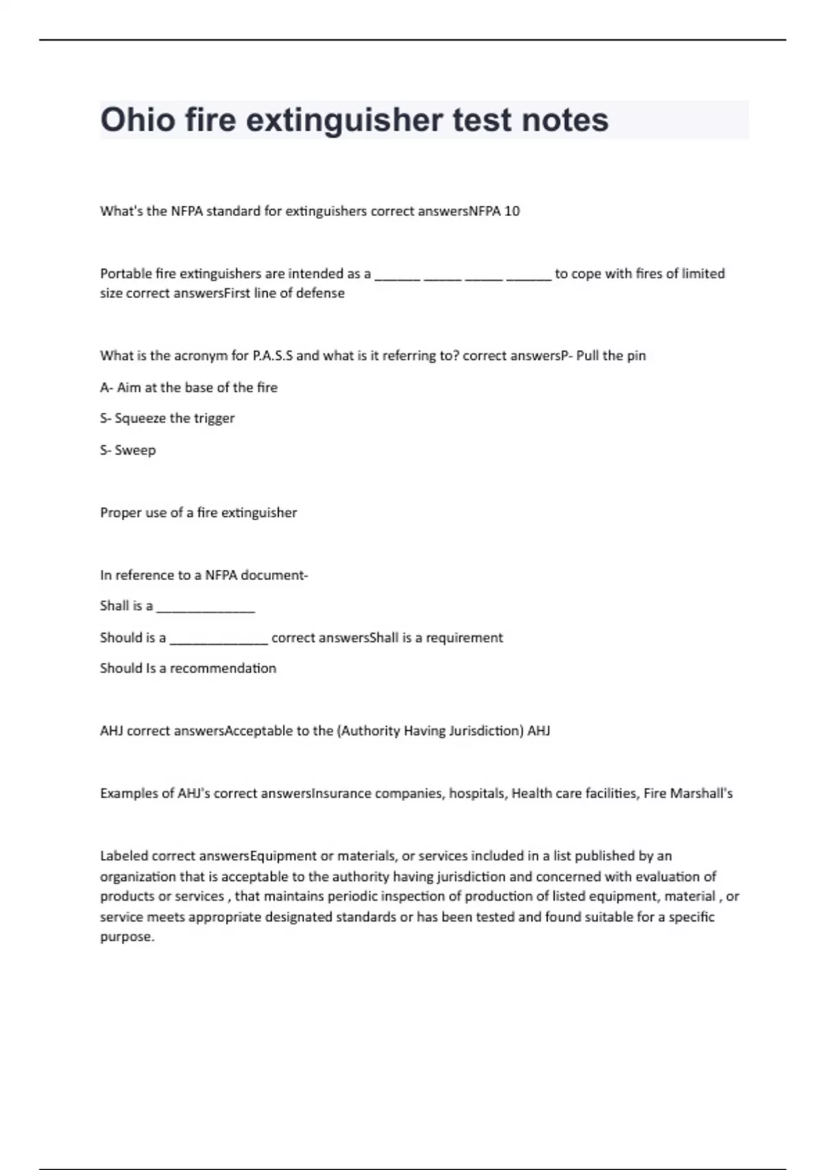 Fire Test Note Ohio fire extinguisher test notes with 100% complete solutions - Ohio ...