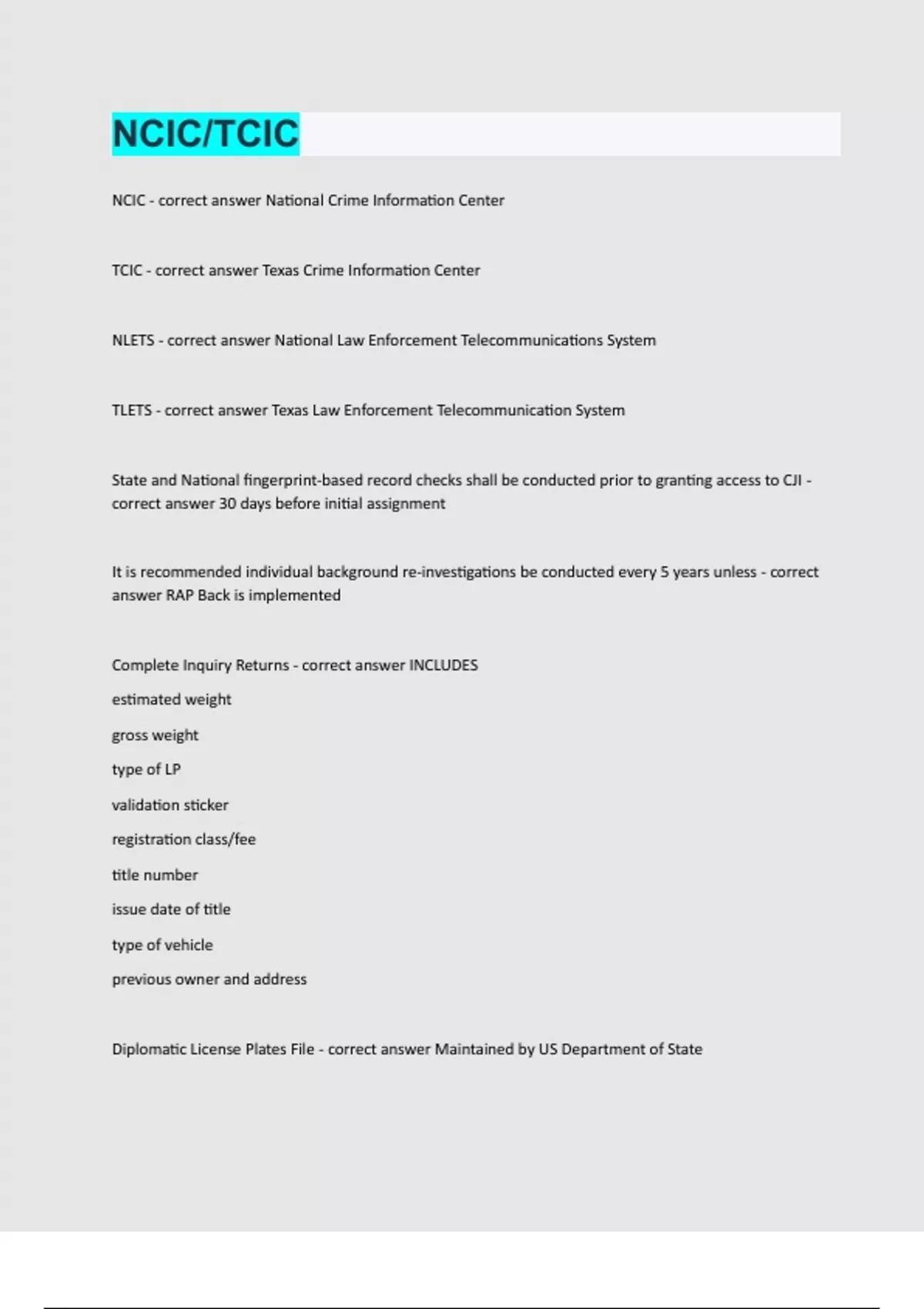 NCIC TCIC exam question and answer latest update - TCICNCIC - Stuvia US