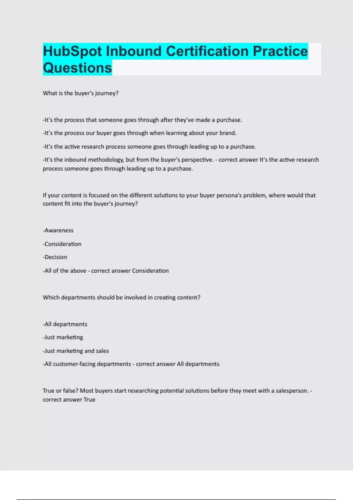 HubSpot Inbound Certification Practice Questions question and answer