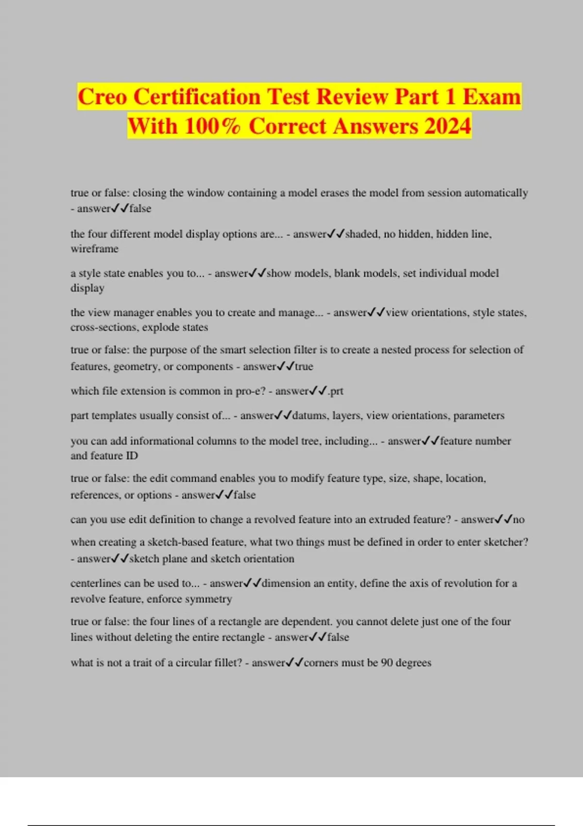 Creo Certification Test Review Part 1 Exam With 100% Correct Answers ...