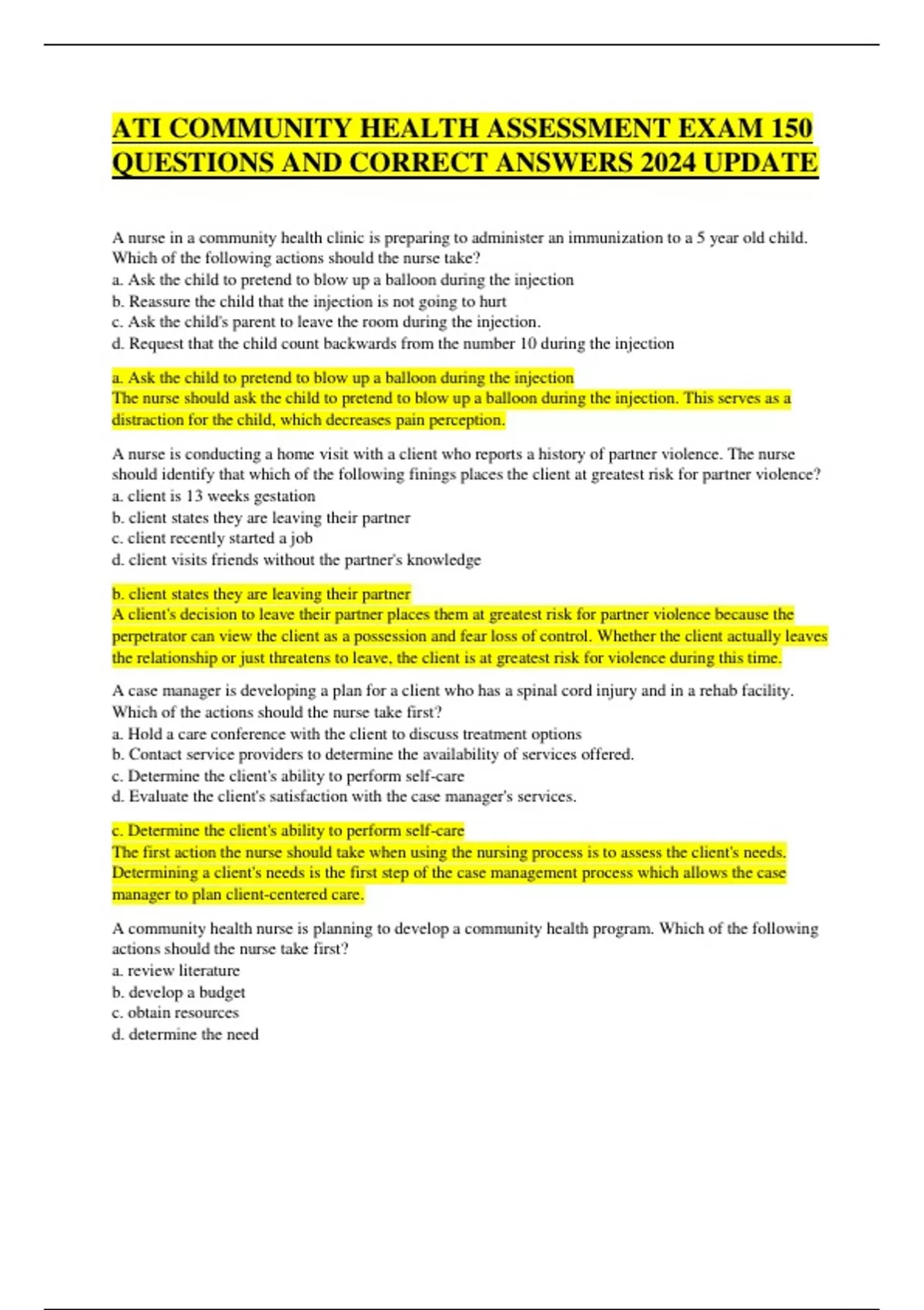 ATI COMMUNITY HEALTH ASSESSMENT EXAM 150 QUESTIONS AND CORRECT ANSWERS ...