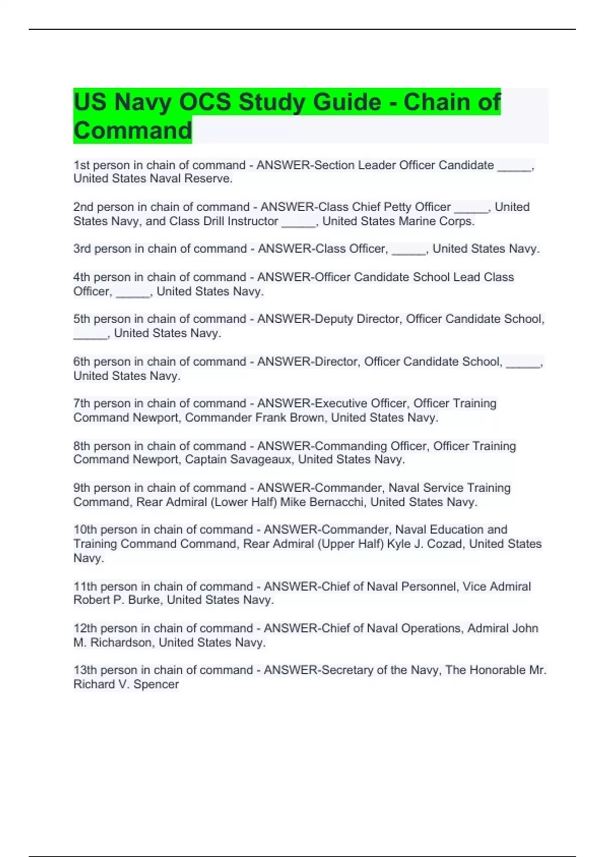 US Navy OCS Study Guide - Chain of Command - US Navy OCS - Stuvia US