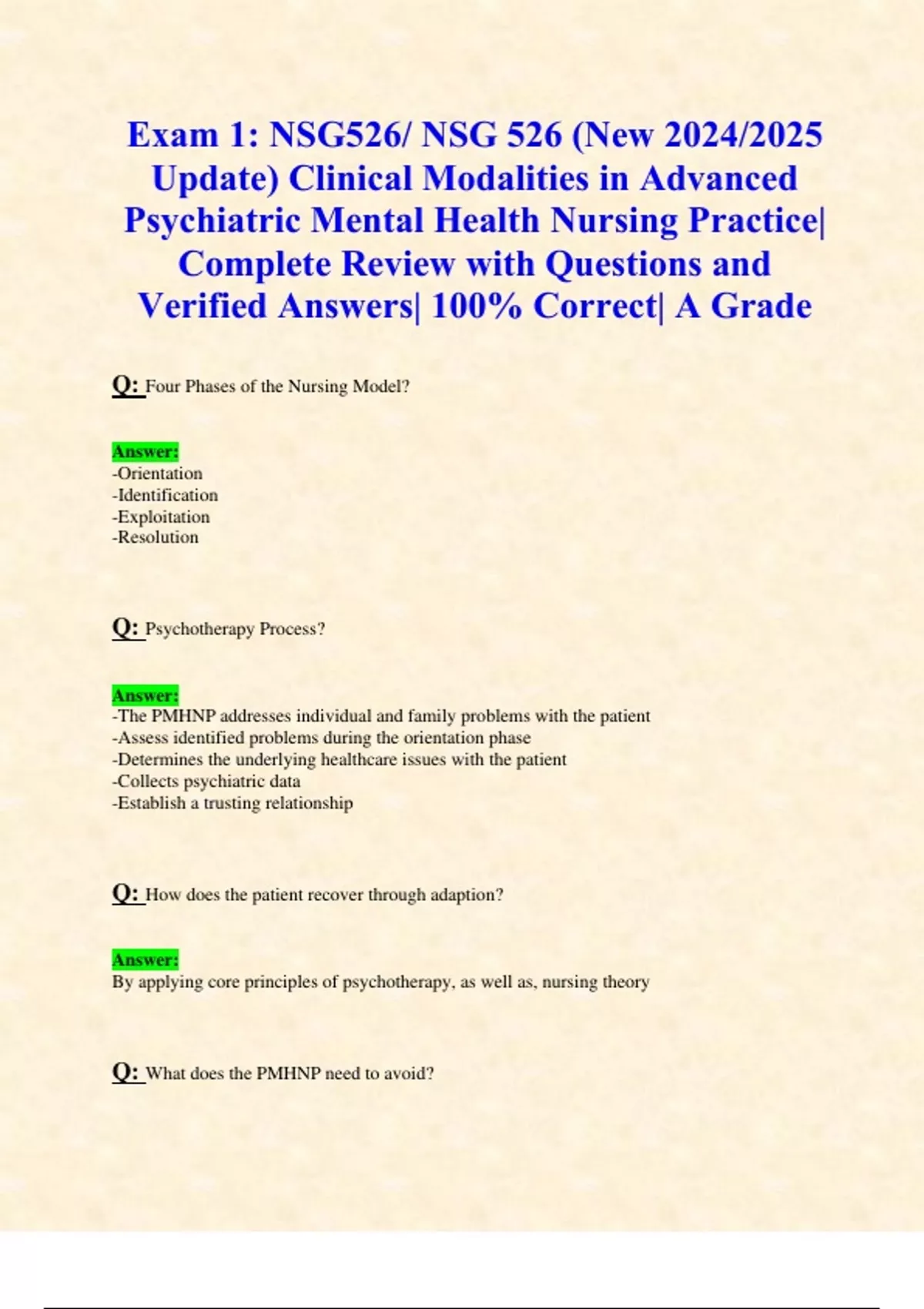 Exam 1: NSG526/ NSG 526 (New 2024/2025 Update) Clinical Modalities in ...
