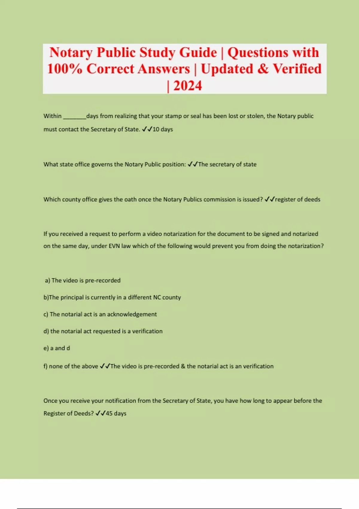Notary Public Study Guide Questions with 100 Correct Answers