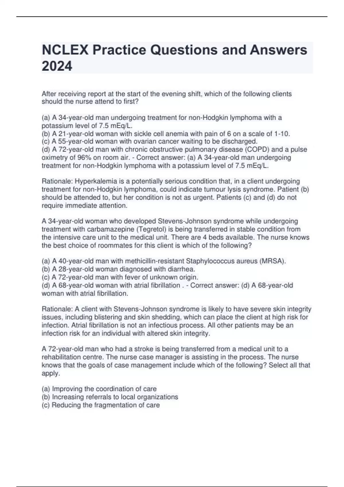 NCLEX Practice Questions and Answers 2024 - NCLEX . - Stuvia US