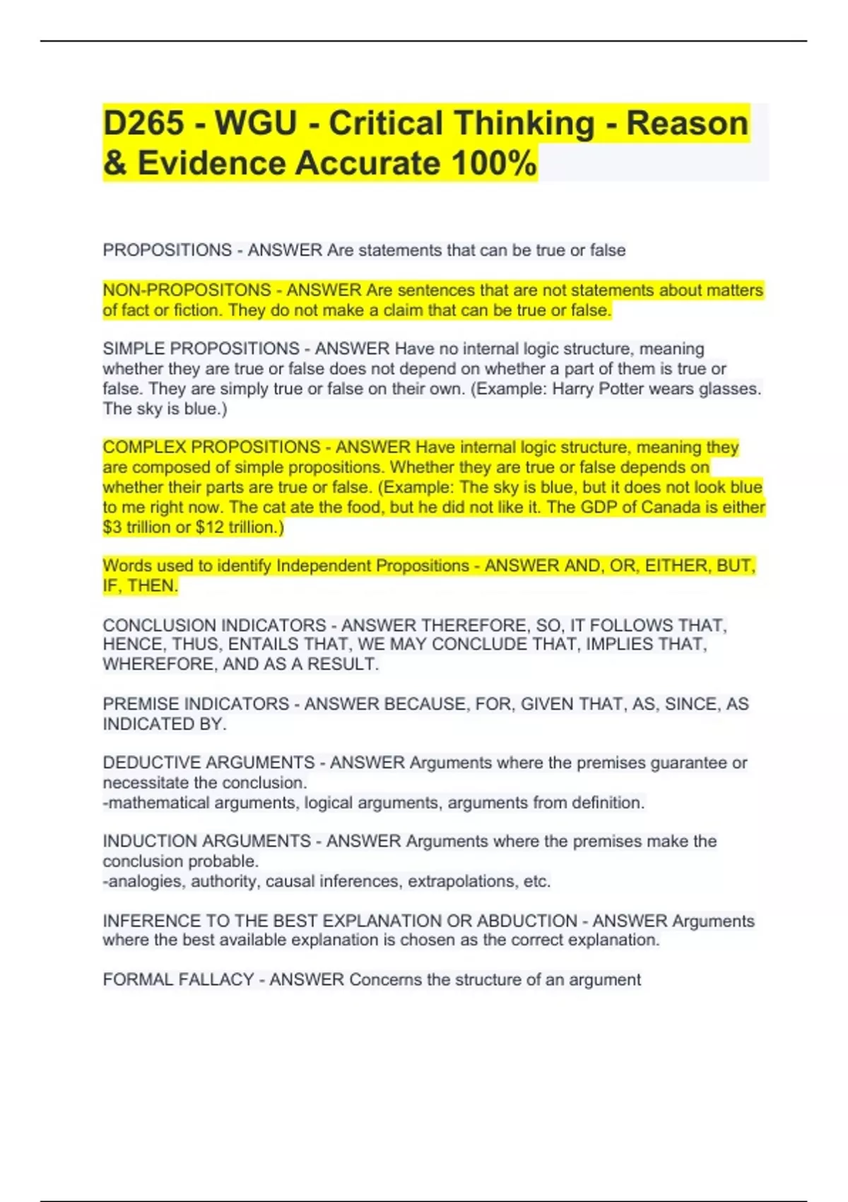 D265 - WGU - Critical Thinking - Reason & Evidence Accurate 100% - D265 -  WGU - Critical Thinking - Stuvia US