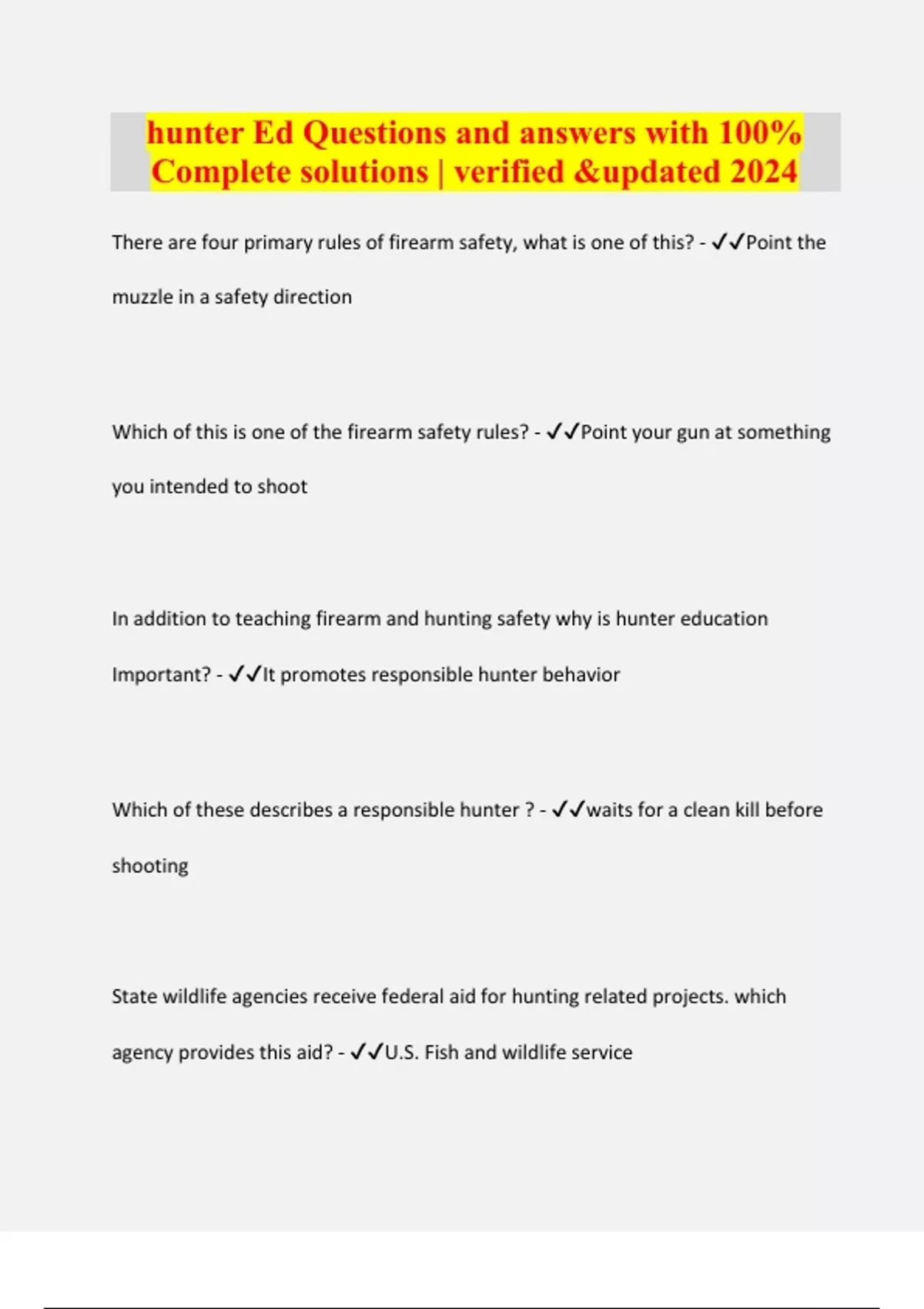 hunter Ed Questions and answers with 100 Complete solutions verified &updated 2024 Hunters