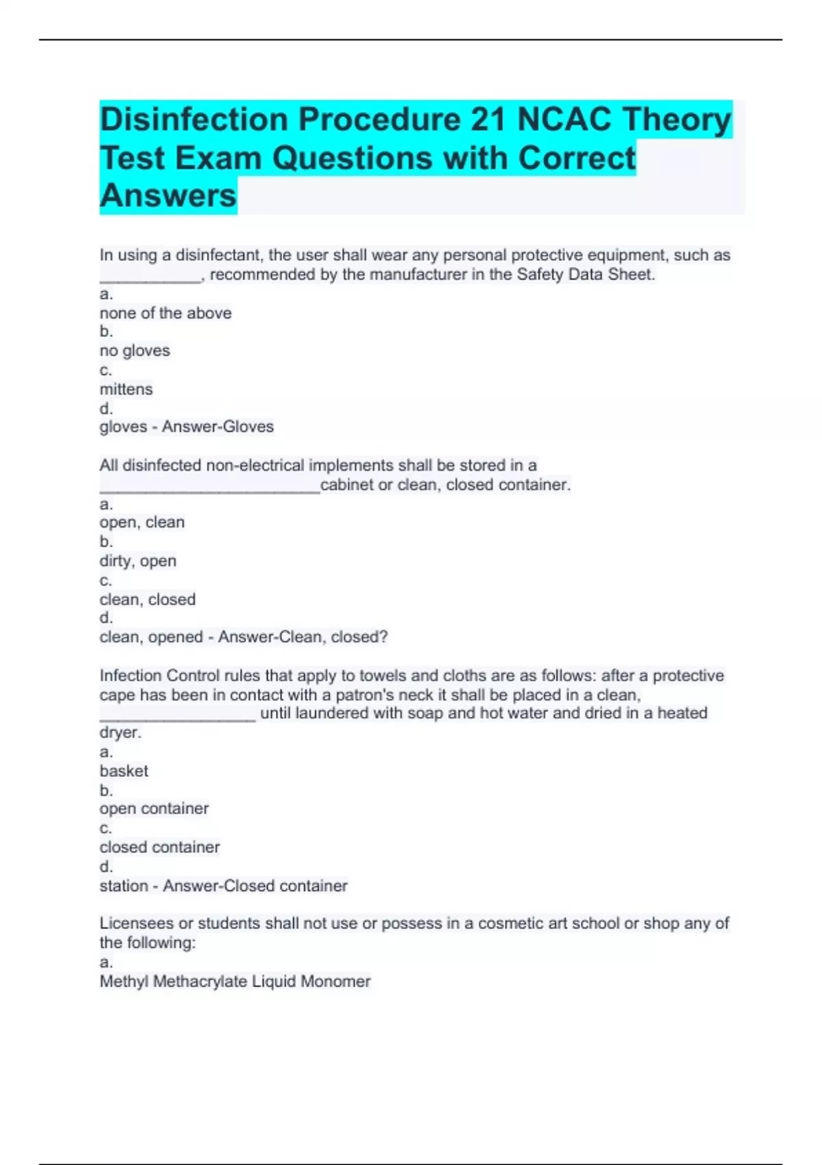 Disinfection Procedure 21 NCAC Theory Test Exam Questions with Correct