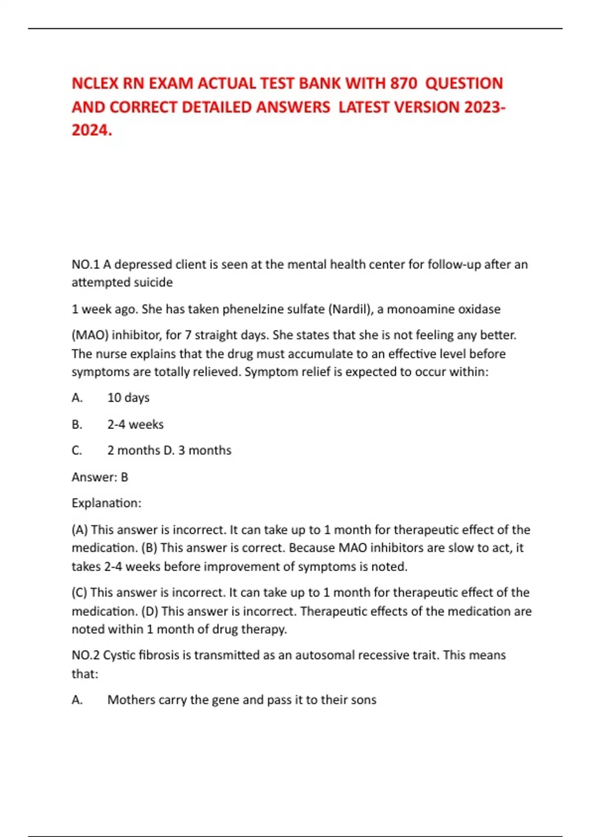 NCLEX RN EXAM ACTUAL TEST BANK WITH 870 QUESTION AND CORRECT DETAILED ...