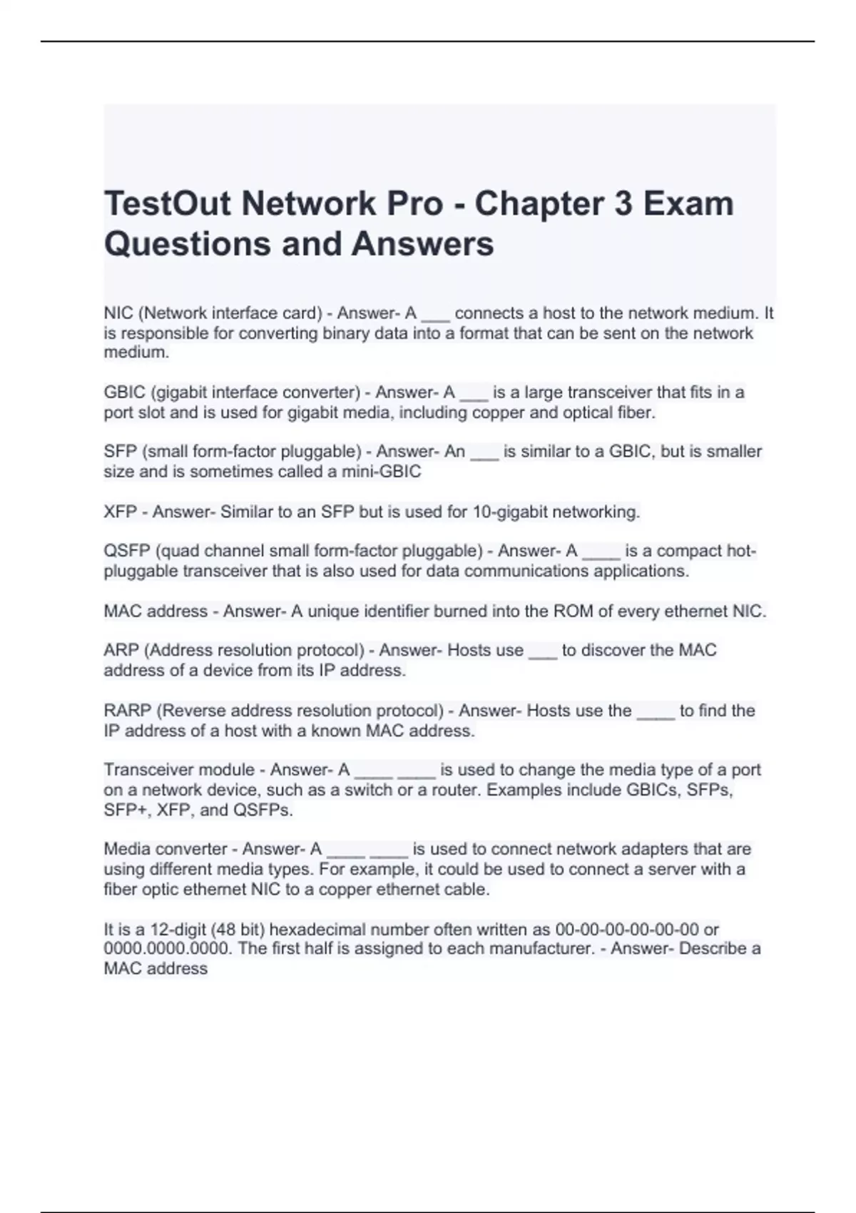 TestOut Network Pro Chapter 3 Exam Questions and Answers 100 correct