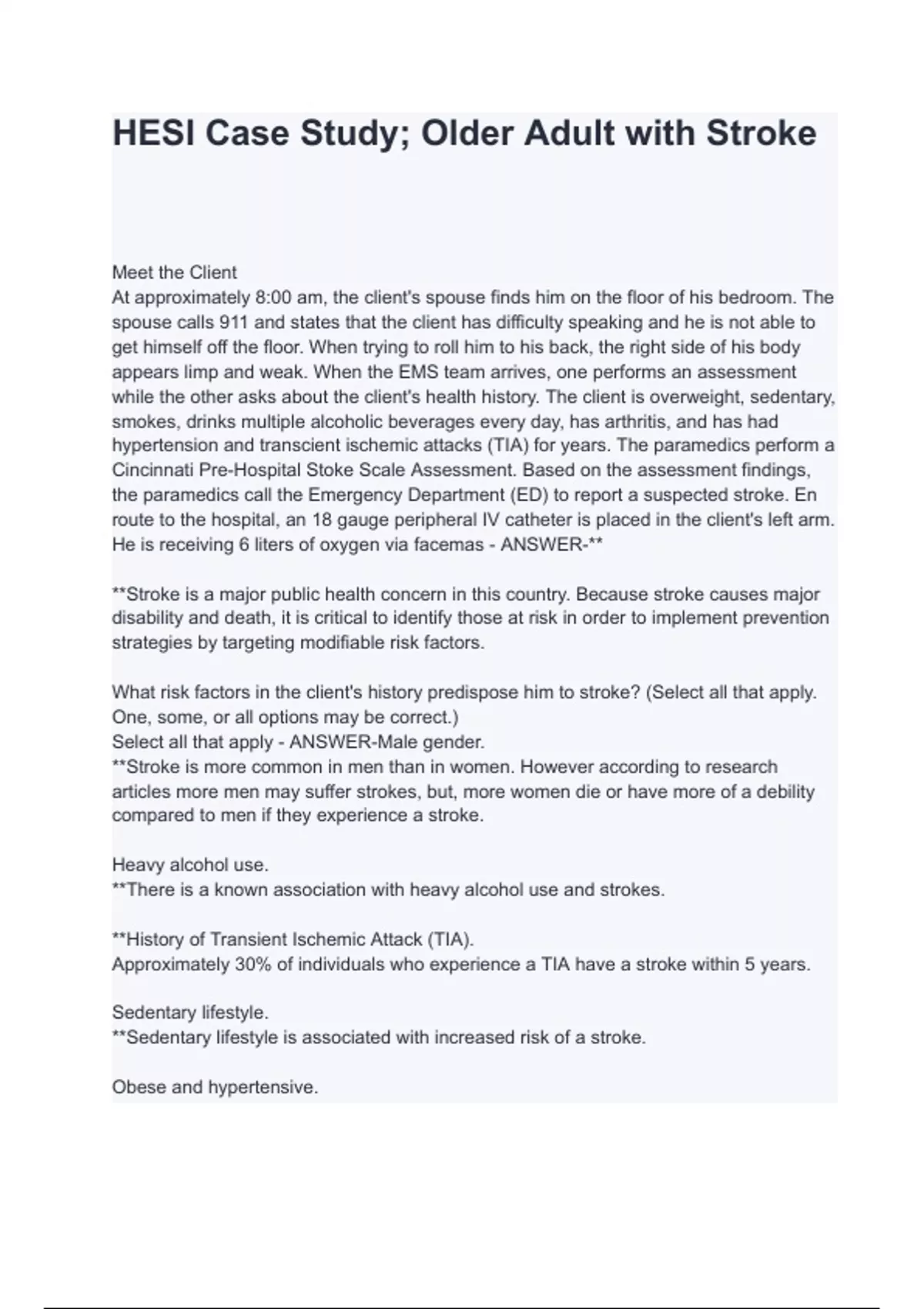 HESI Case Study; Older Adult with Stroke questions and answers - HESI Case Study; Older Adult ...