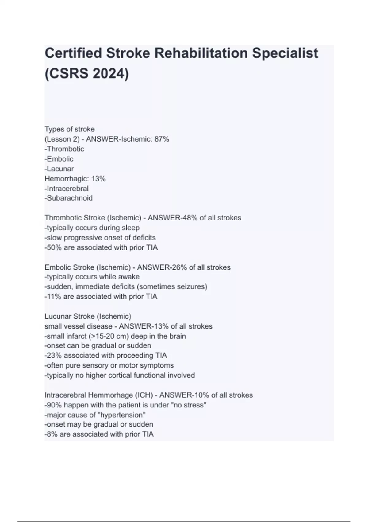 Certified Stroke Rehabilitation Specialist (CSRS 2024) questions and