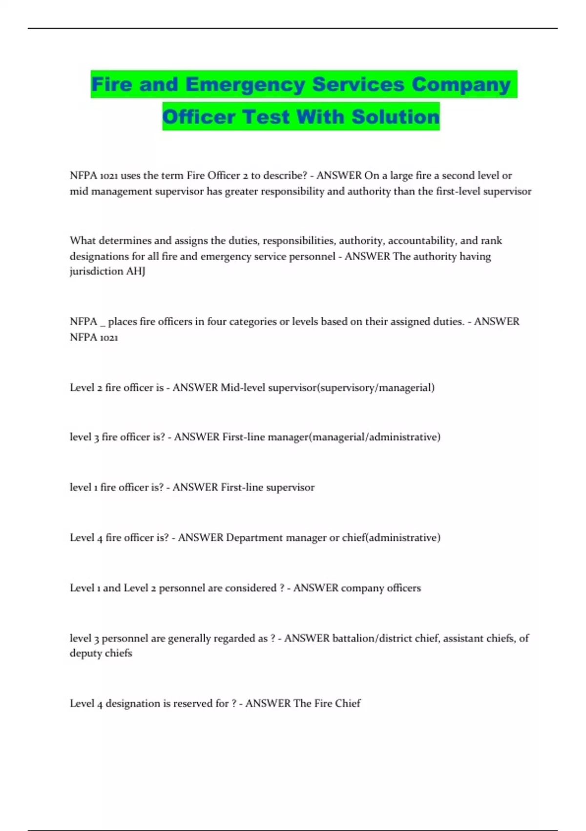 Fire and Emergency Services Company Officer Test With Solution Fire