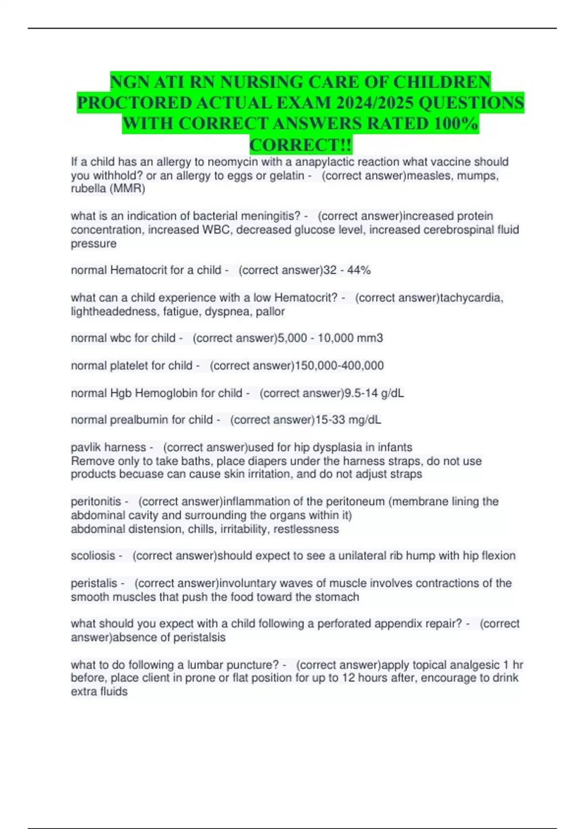 NGN ATI RN NURSING CARE OF CHILDREN PROCTORED ACTUAL EXAM 2024/2025 ...