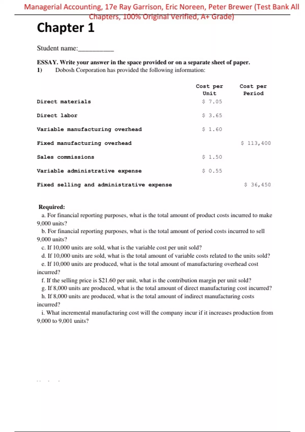 Test Bank for Managerial Accounting 17th edition By Ray Garrison, Eric ...