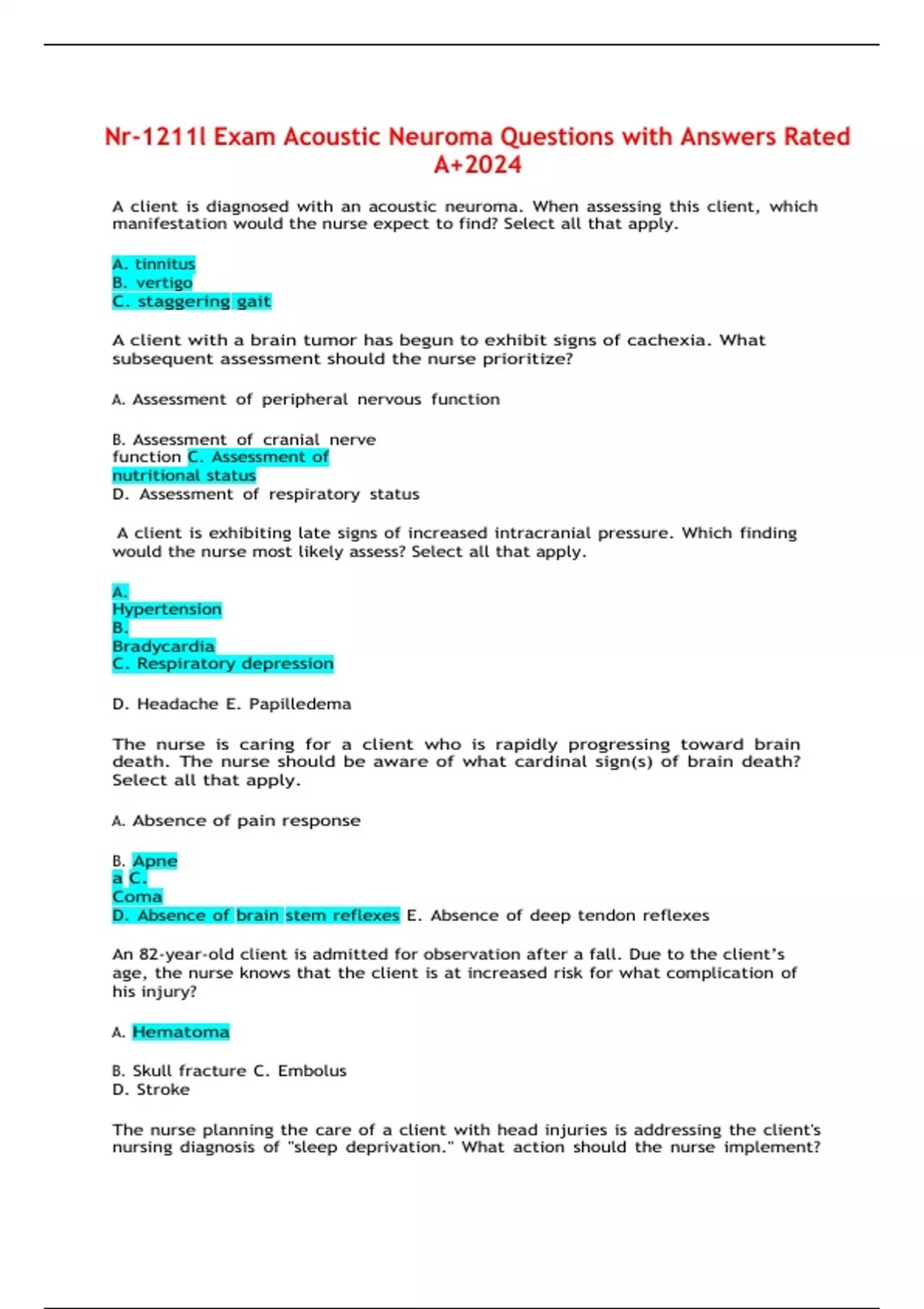 Nr1211l Exam Acoustic Neuroma Questions with Answers Rated A+2024