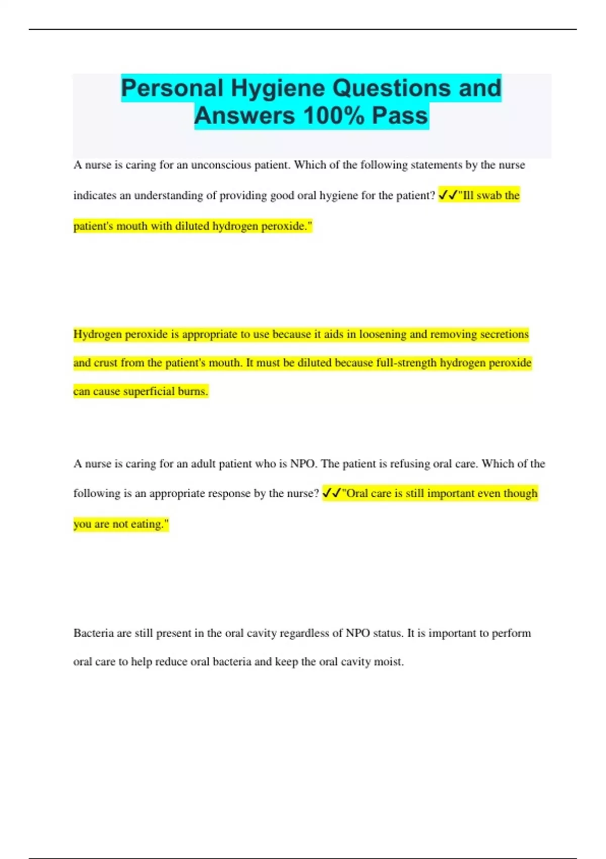 Personal Hygiene Questions and Answers 100 Pass Personal Hygiene