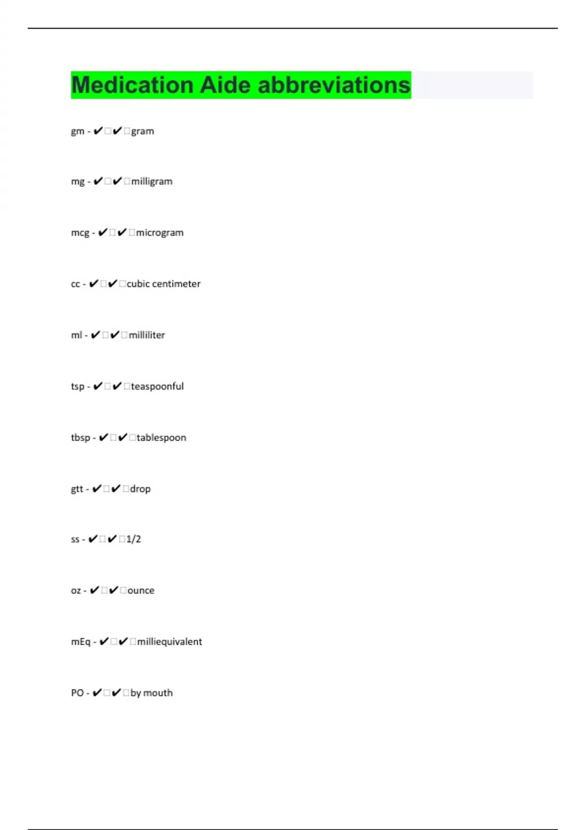 Medication Aide abbreviations 64 Questions with 100 Correct Answers Verified Updated 2024