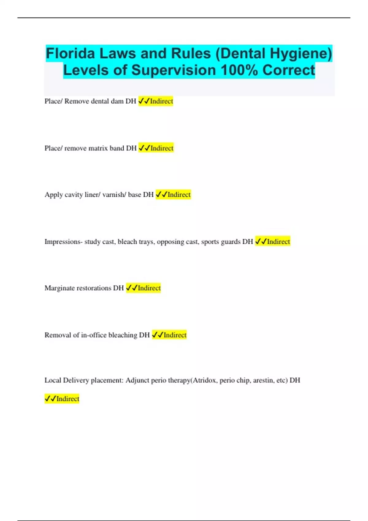 Florida Laws and Rules (Dental Hygiene) Levels of Supervision 100