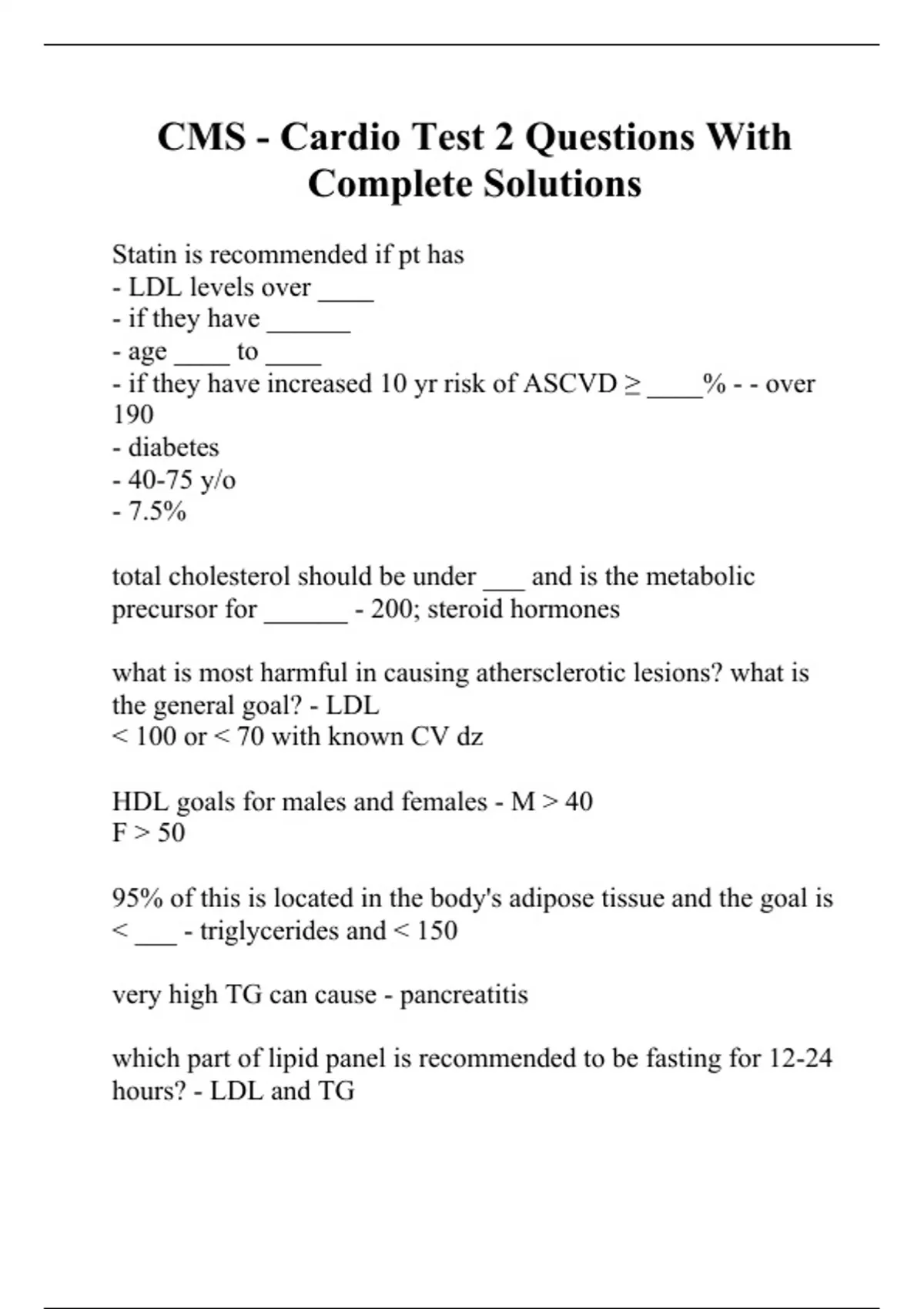 CMS - Cardio Test 2 Questions With Complete Solutions - CMS - Stuvia US