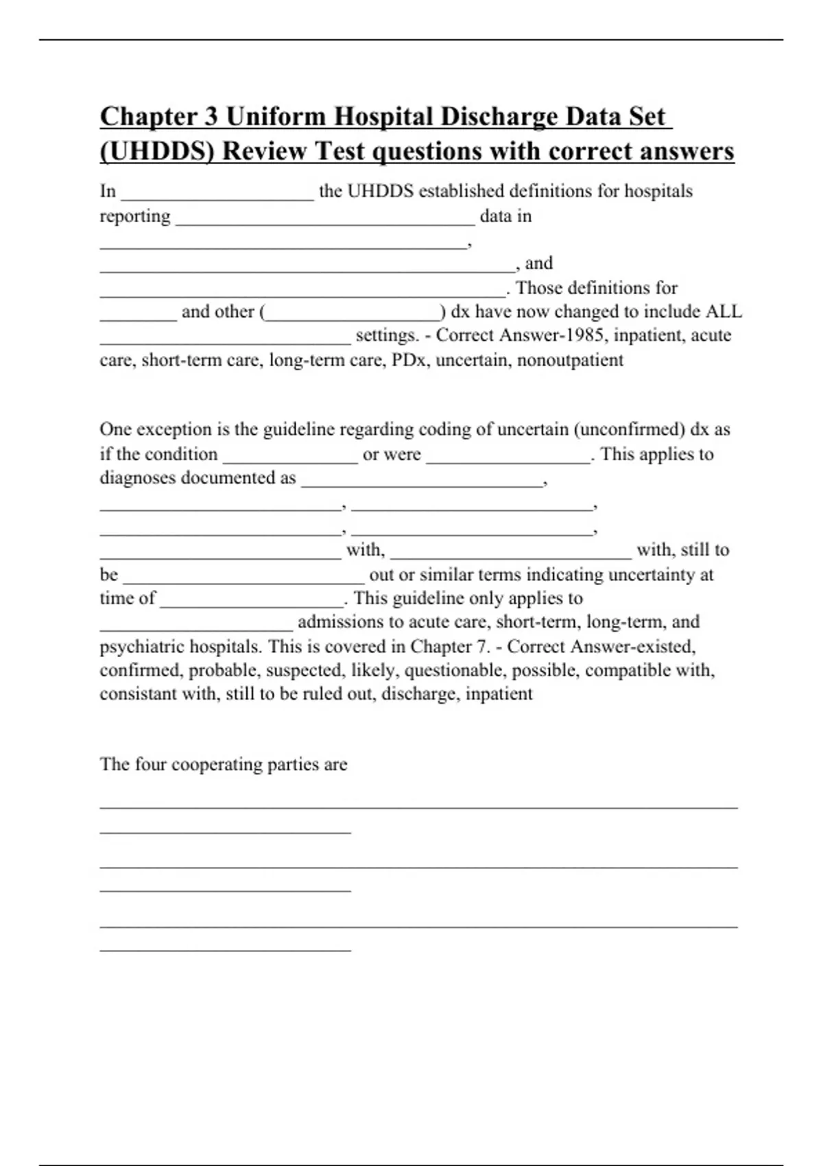Chapter 3 Uniform Hospital Discharge Data Set (UHDDS) Review Test