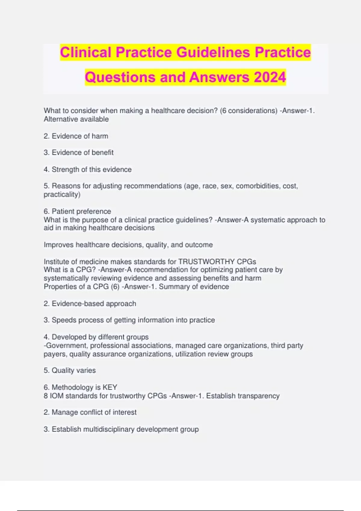 Clinical Practice Guidelines Practice Questions and Answers 2024 ...