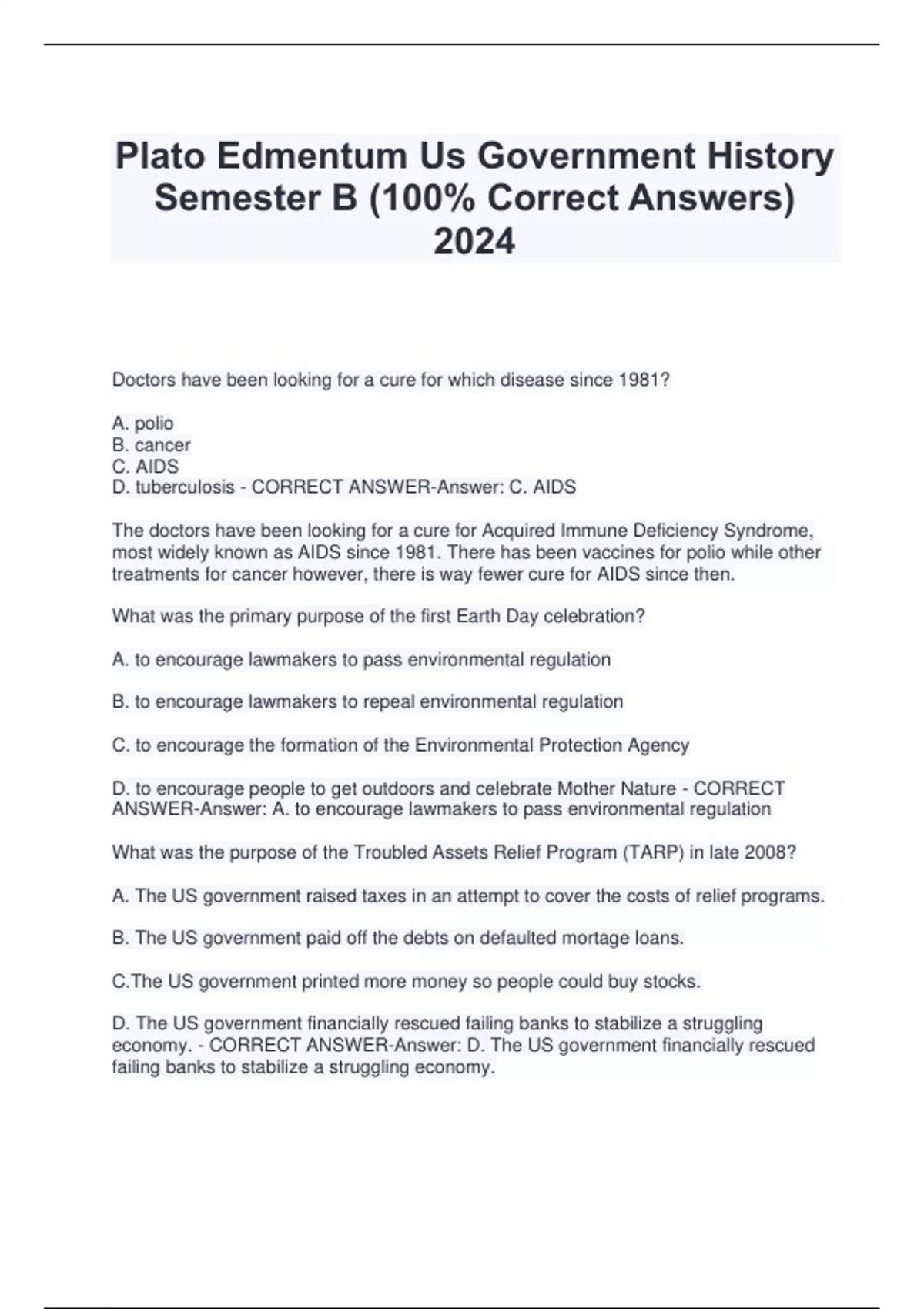 Plato Edmentum Us Government History Semester B (100 Correct Answers