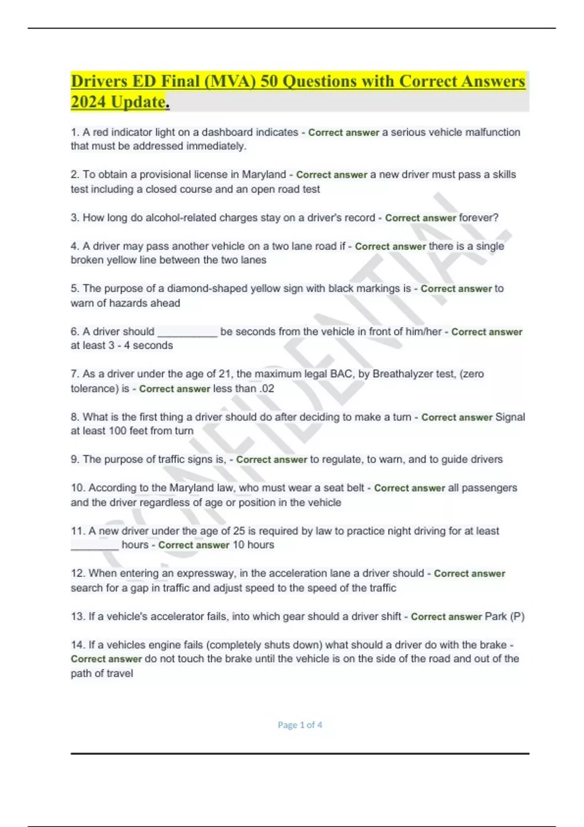 Drivers ED Final (MVA) 50 Questions with Correct Answers 2024 Update ...