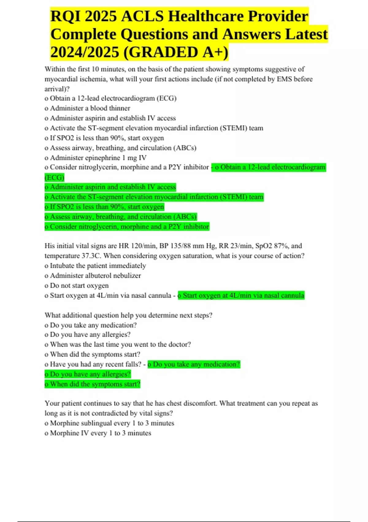 RQI 2025 ACLS Healthcare Provider Exam Questions and Answers Latest ...