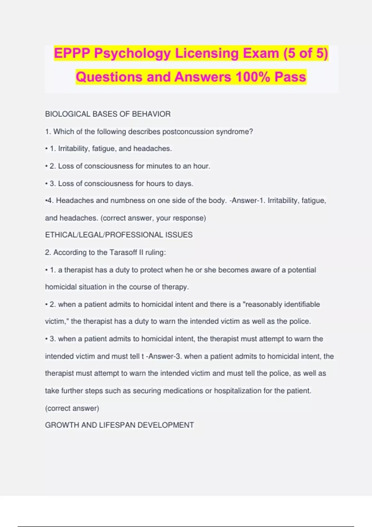 EPPP Psychology Licensing Exam (5 of 5) Questions and Answers 100 Pass