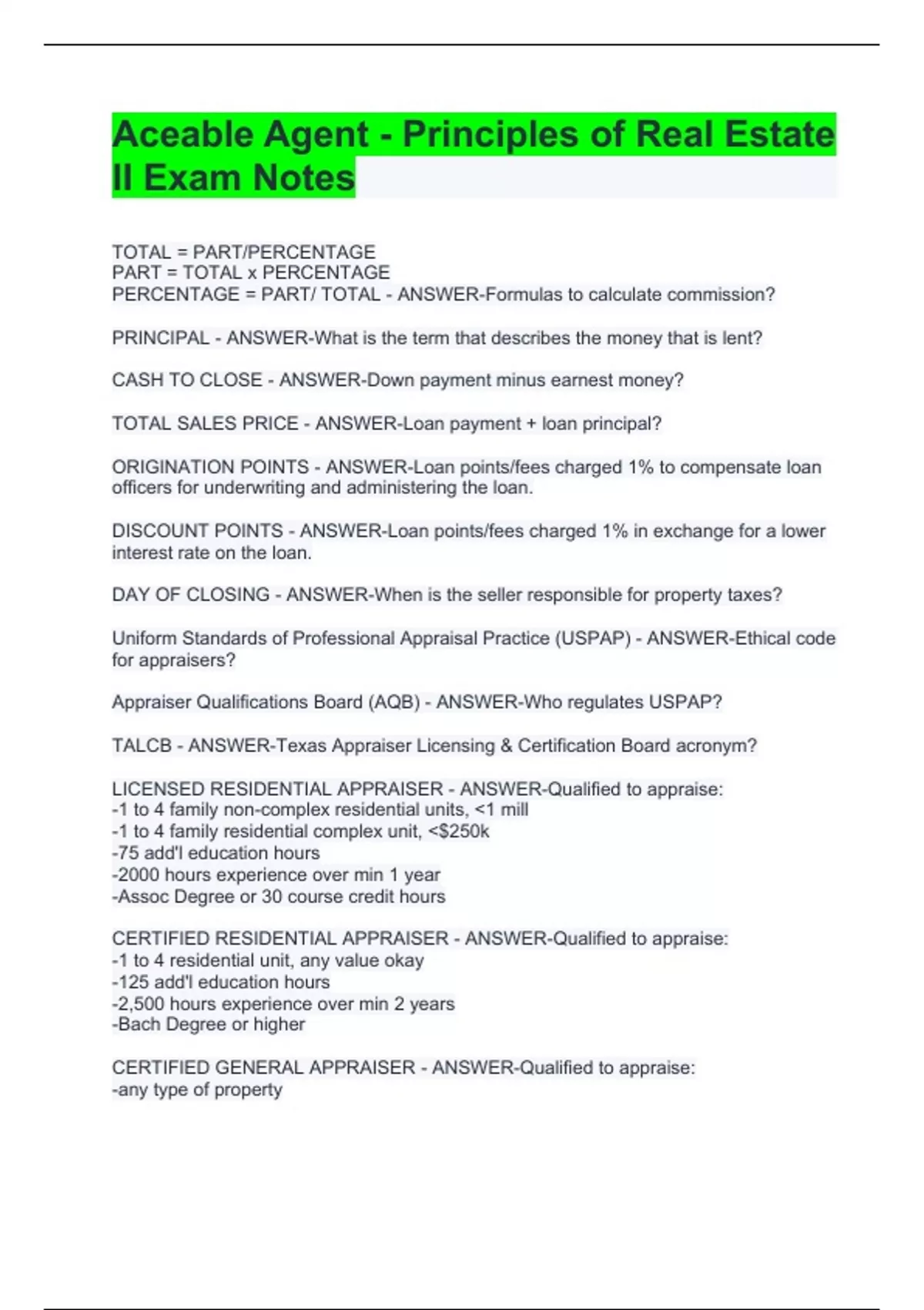 Aceable Agent Principles of Real Estate II Exam Notes Aceable Agent