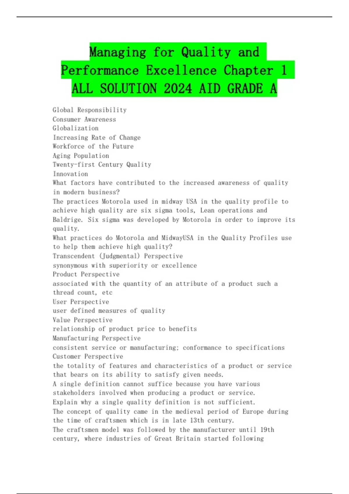 Managing for Quality and Performance Excellence Chapter 1 ALL SOLUTION ...