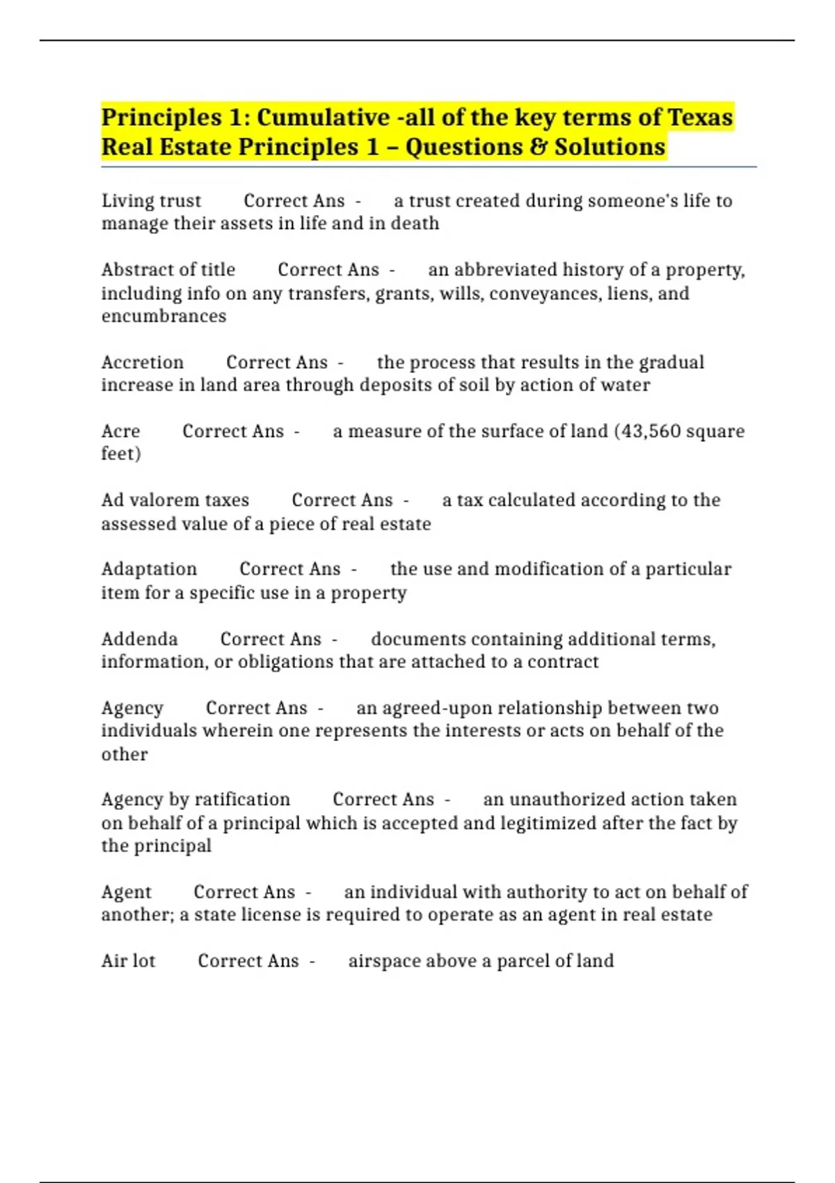 Principles 1 Cumulative all of the key terms of Texas Real Estate