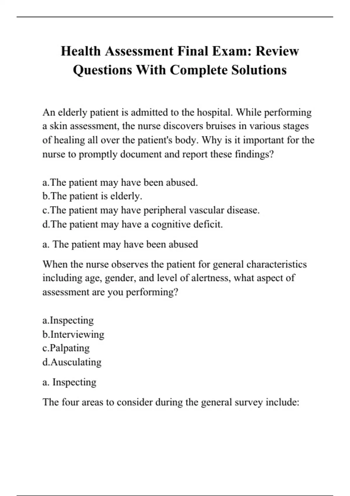 Health Assessment Final Exam: Review Questions With Complete Solutions ...