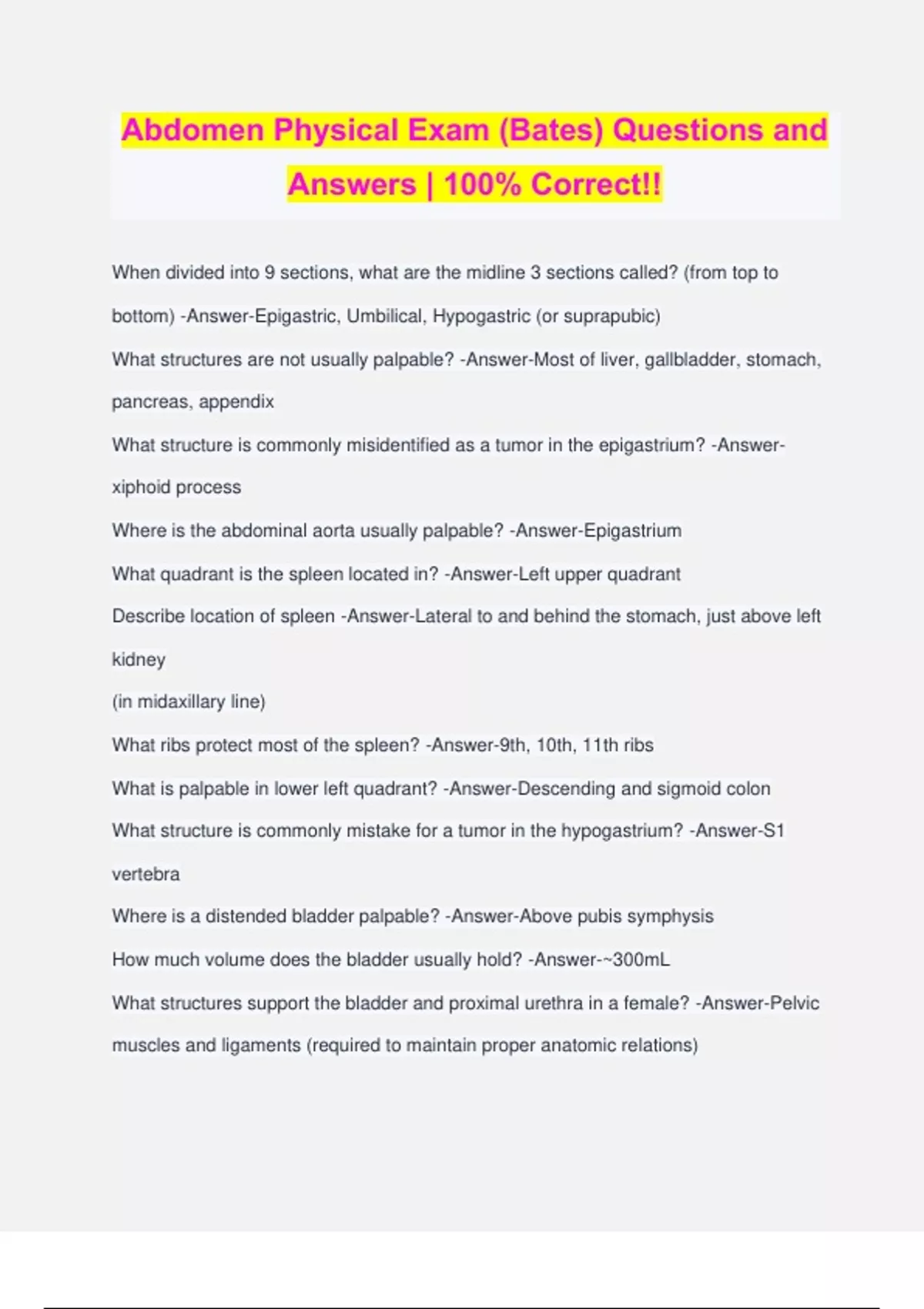 Abdomen Physical Exam (Bates) Questions and Answers 100 Correct