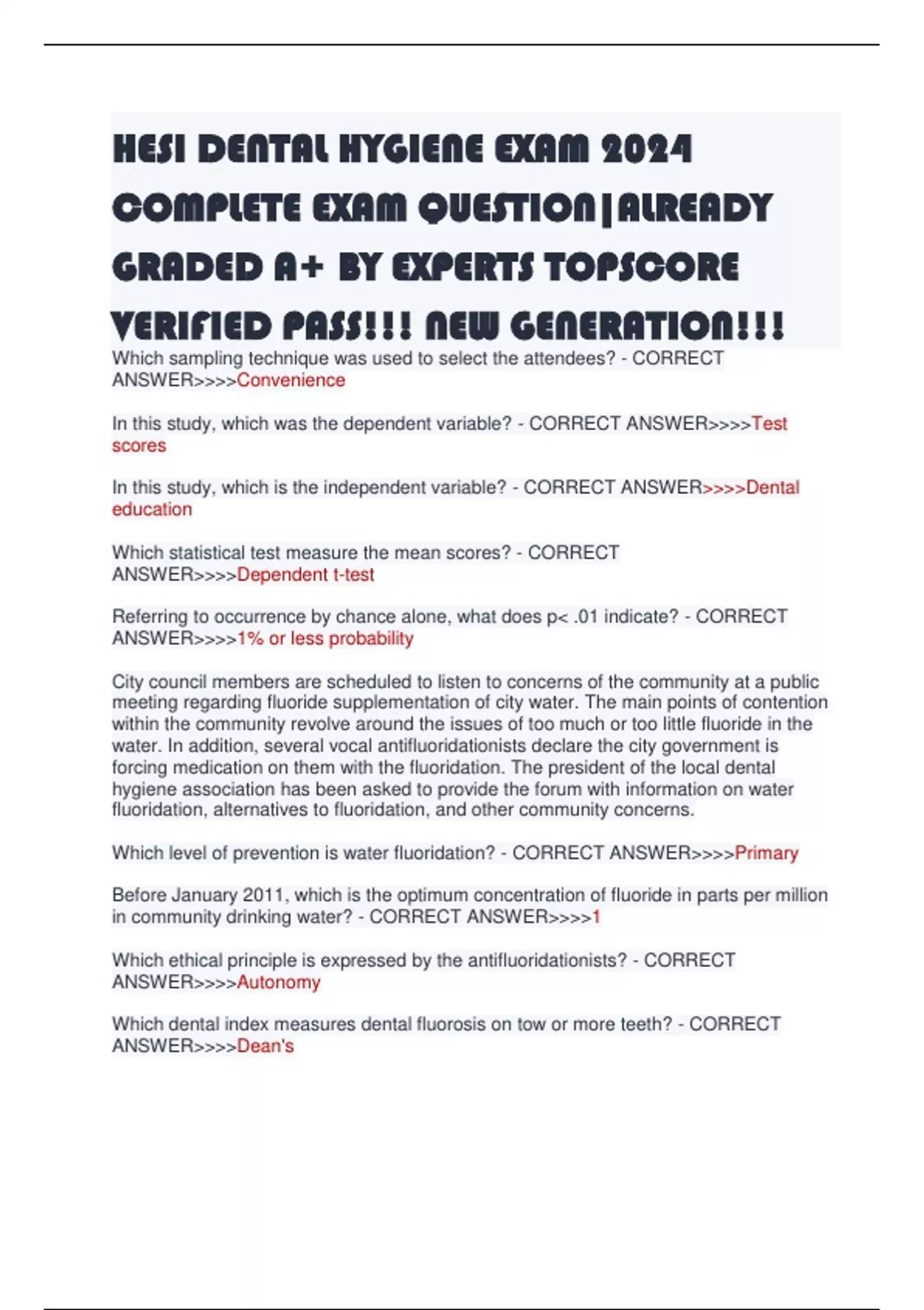 HESI DENTAL HYGIENE EXAM 2024 COMPLETE EXAM QUESTIONALREADY GRADED A+