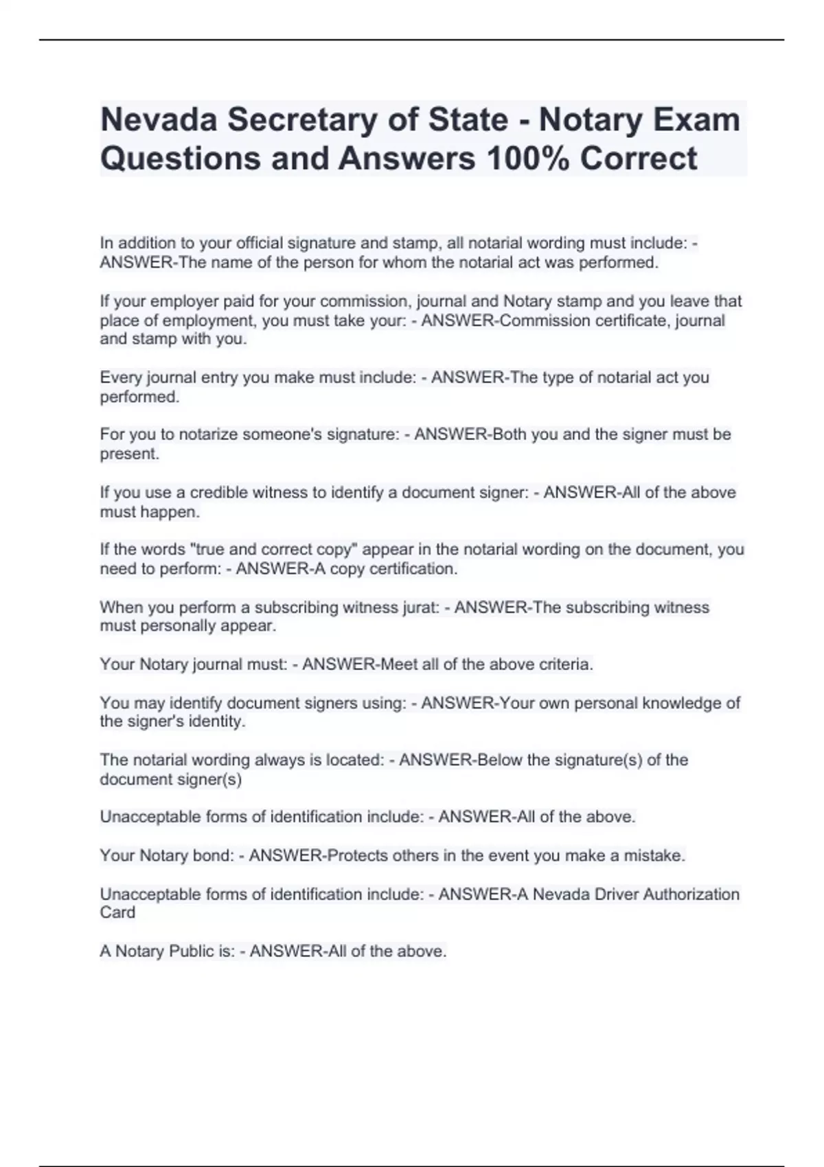 NEVADA NOTARY EXAM BUNDLE 2024 QUESTIONS AND ANSWERS 100 ACCURATE