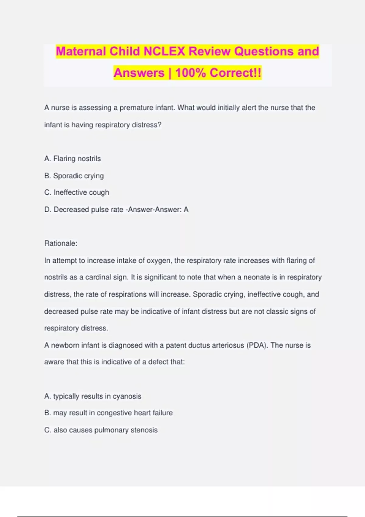 Maternal Child NCLEX Review Questions and Answers 100 Correct