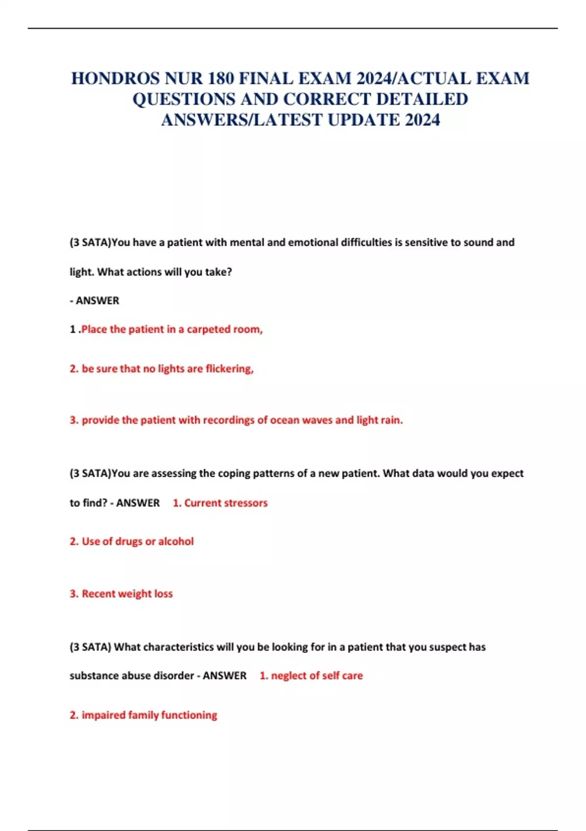 HONDROS NUR 180 FINAL EXAM 2024/ACTUAL EXAM QUESTIONS AND CORRECT ...