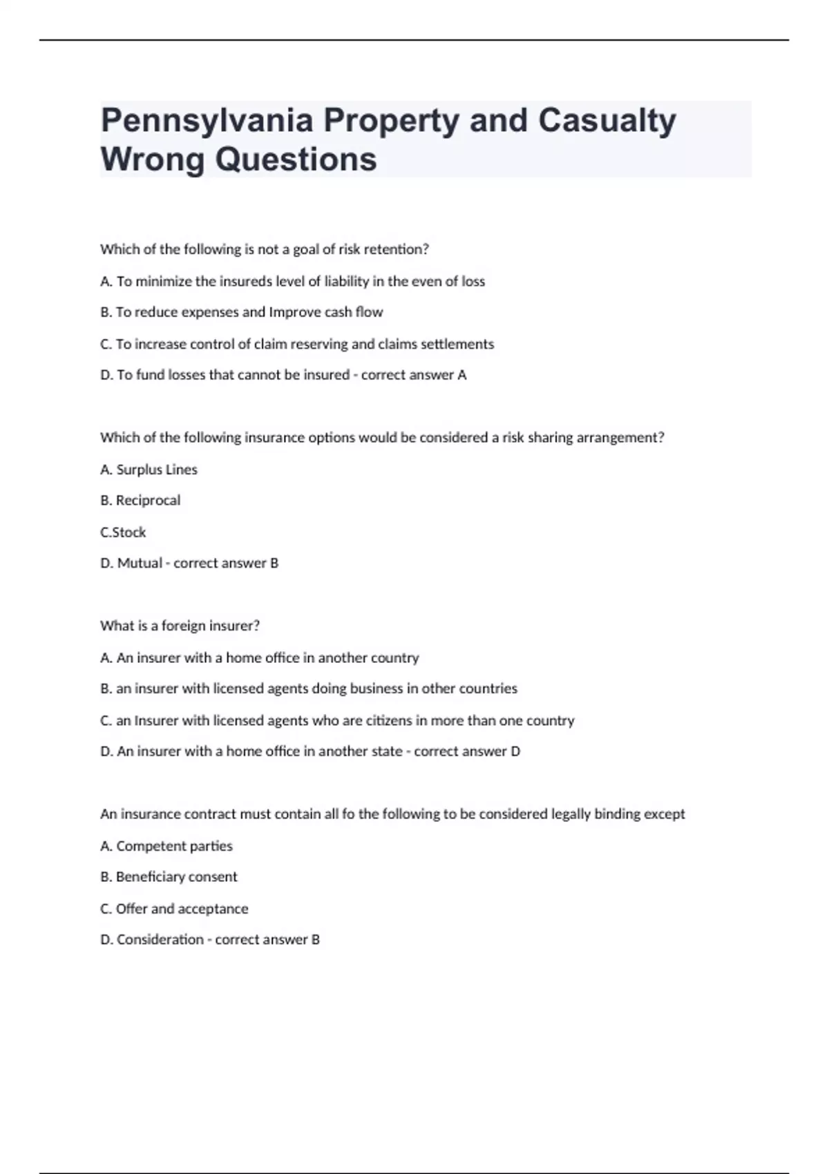 Pennsylvania Property and Casualty g Questions with answers 2024 passed