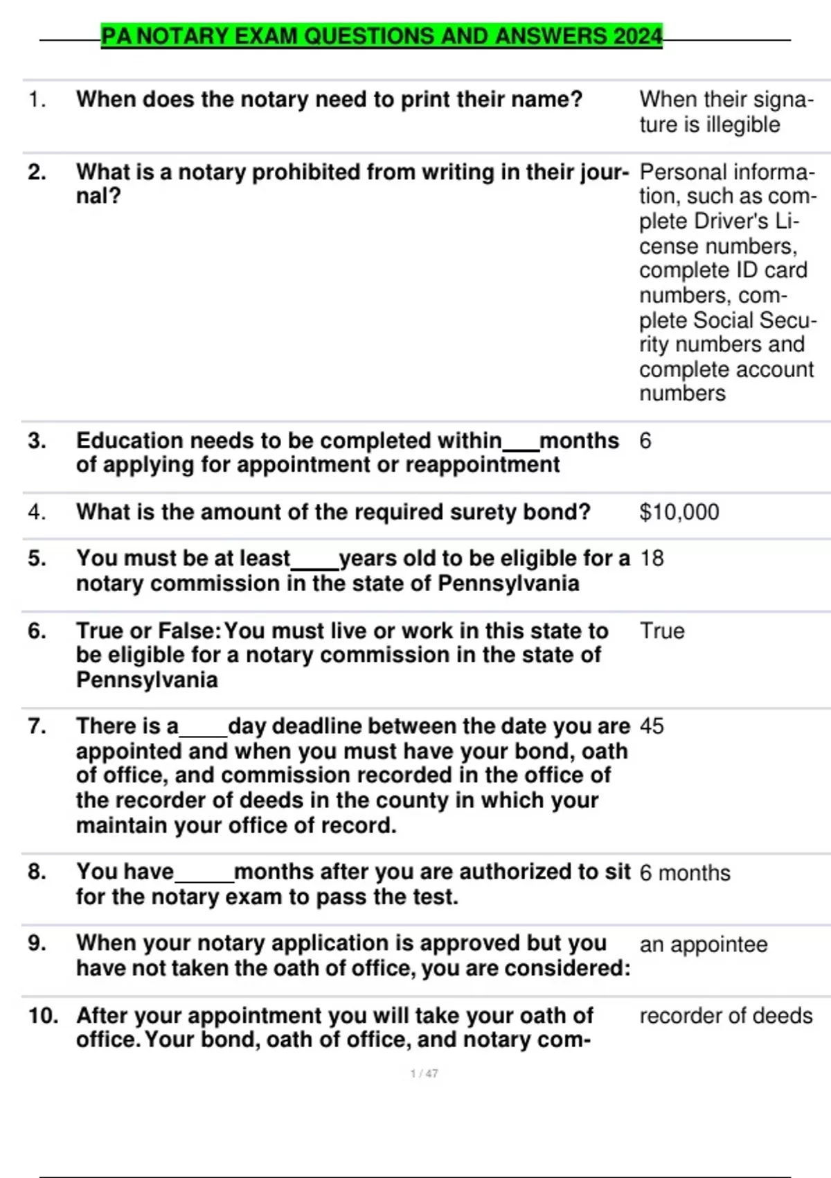 PA Notary Exam Questions And Answers , PA Notary Public Exam Questions