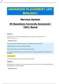 ADVANCED PLACEMENT (AP) BIOLOGY: NERVOUS SYSTEM 83 QUESTIONS CORRECTLY ANSWERED | 100% RATED