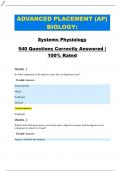 ADVANCED PLACEMENT (AP) BIOLOGY: SYSTEMS PHYSIOLOGY 540 QUESTIONS CORRECTLY ANSWERED | 100% RATED