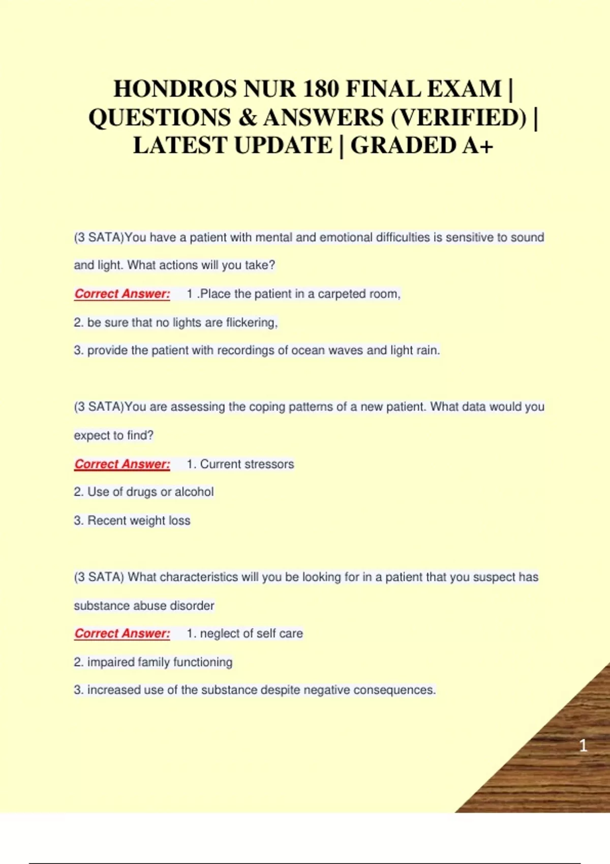 HONDROS NUR 180 FINAL EXAM | QUESTIONS & ANSWERS (VERIFIED) | LATEST ...