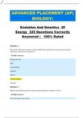 ADVANCED PLACEMENT (AP) BIOLOGY: EVOLUTION AND GENETICS OF ENERGY 325 QUESTIONS CORRECTLY ANSWERED | 100% RATED