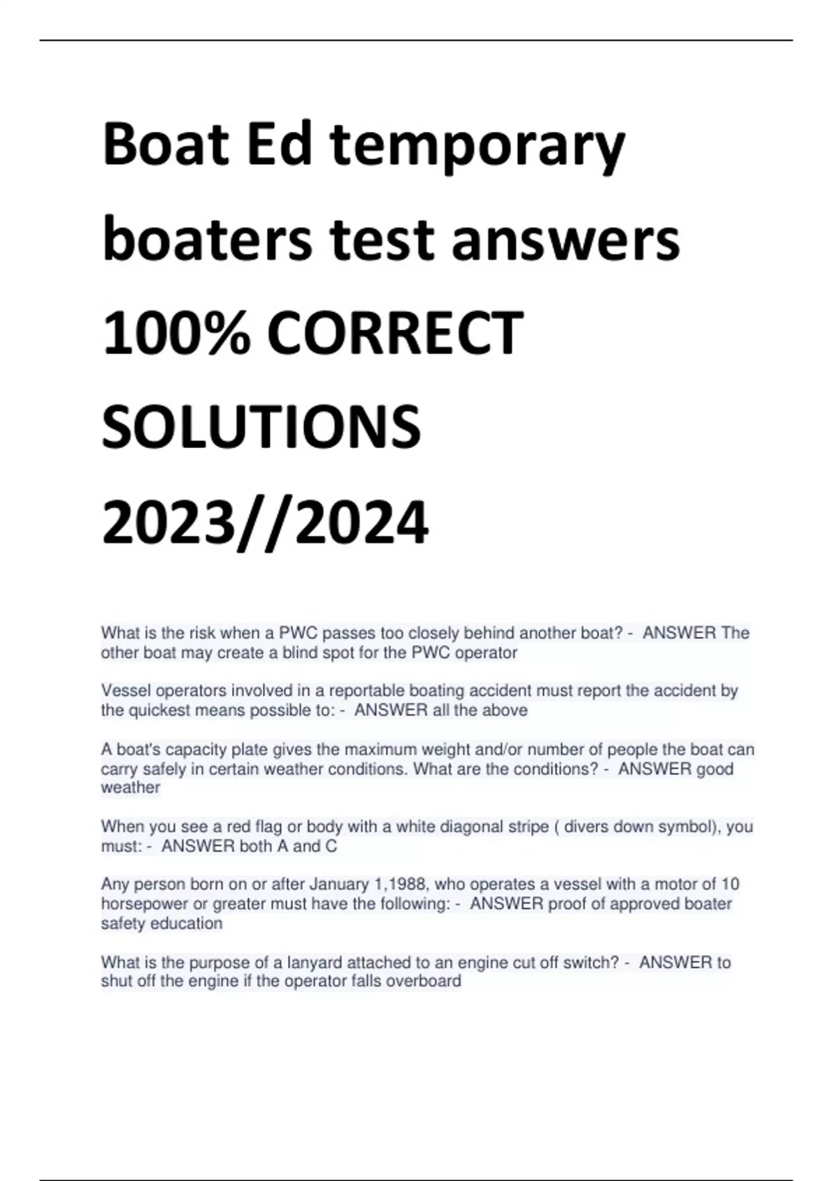 Boat Ed temporary boaters test answers 100% CORRECT SOLUTIONS 2023 ...